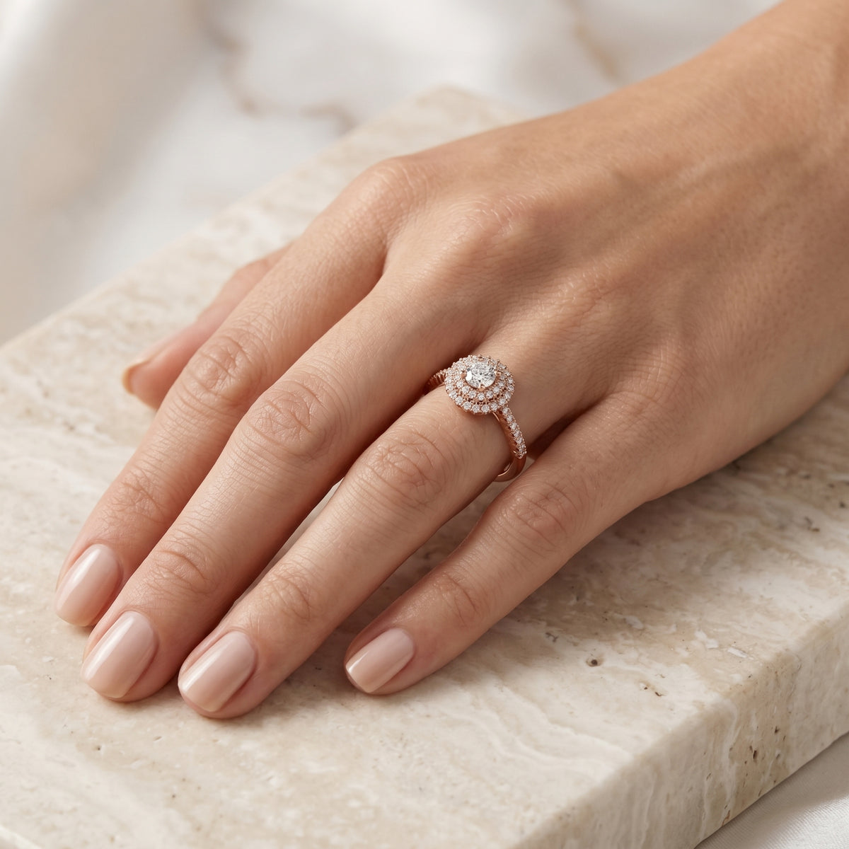 Round Diamond Double Halo Engagement Ring with Pavé Band — lifestyle