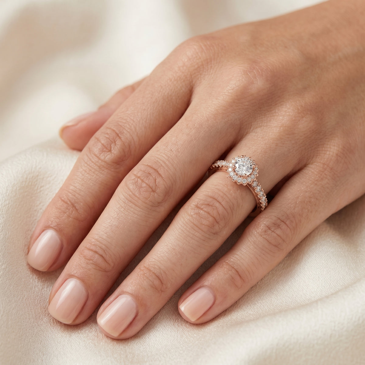 Round Diamond Flower Halo Engagement Ring with Pavé Band — lifestyle