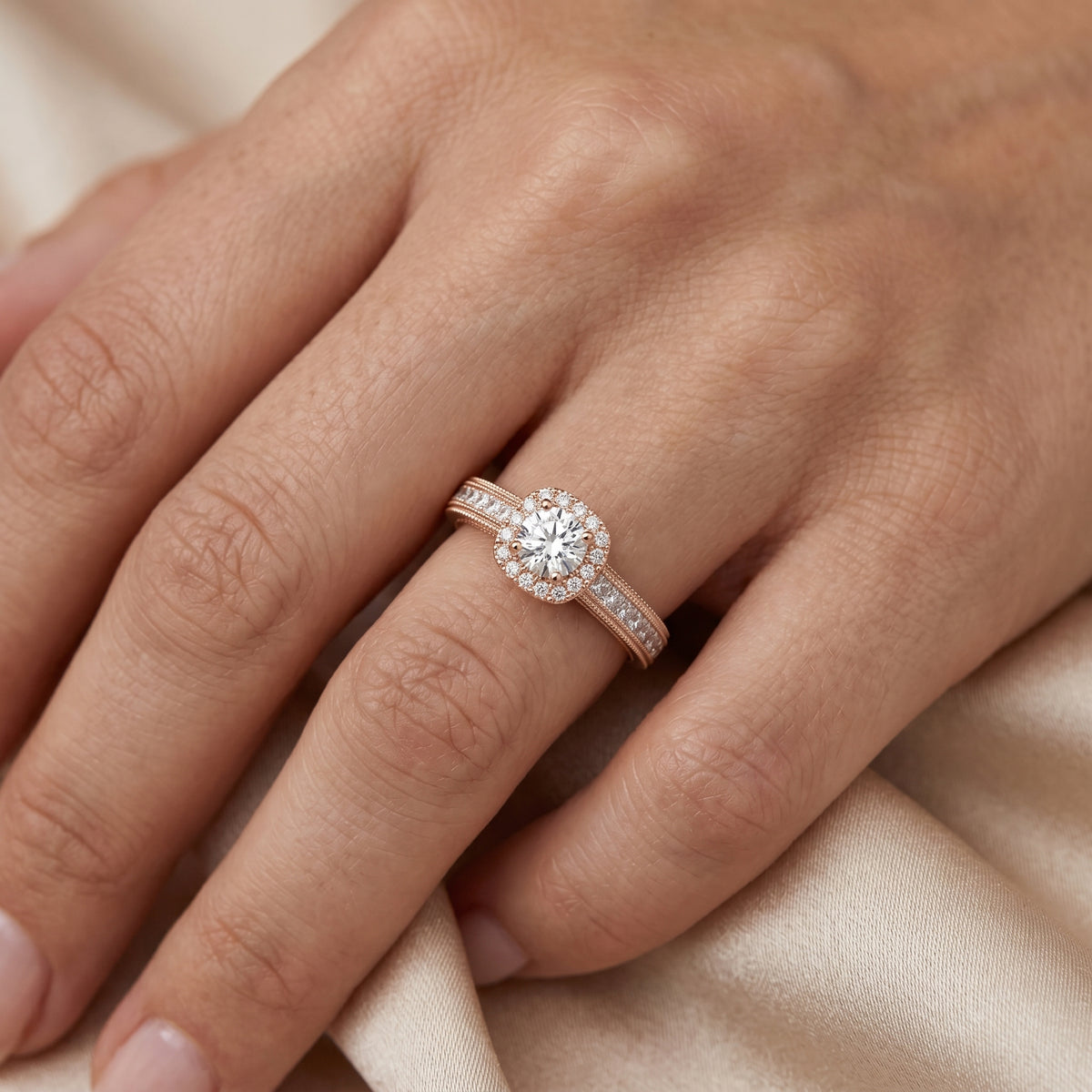 Round Diamond Cushion Halo Engagement Ring with Channel Set Pavé Band and Milgrain — lifestyle