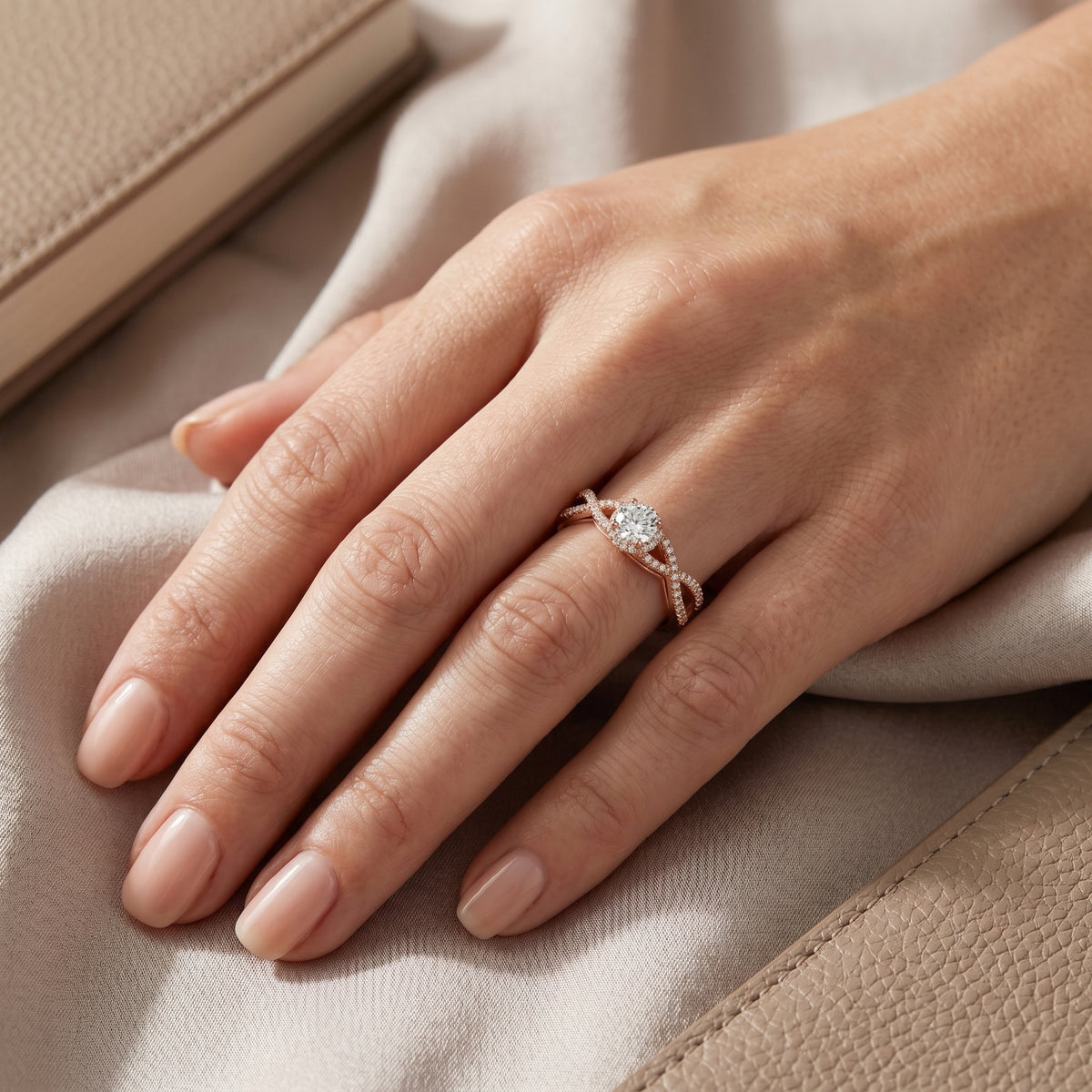 Round Diamond Double Halo Engagement Ring with Infinity Twist Pavé Band — lifestyle