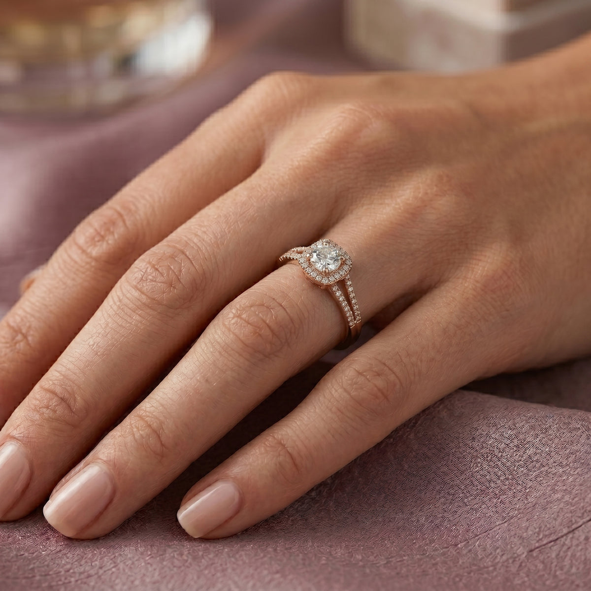 Round Diamond Double Halo Engagement Ring with Multi-Row Pavé Split Shank — lifestyle
