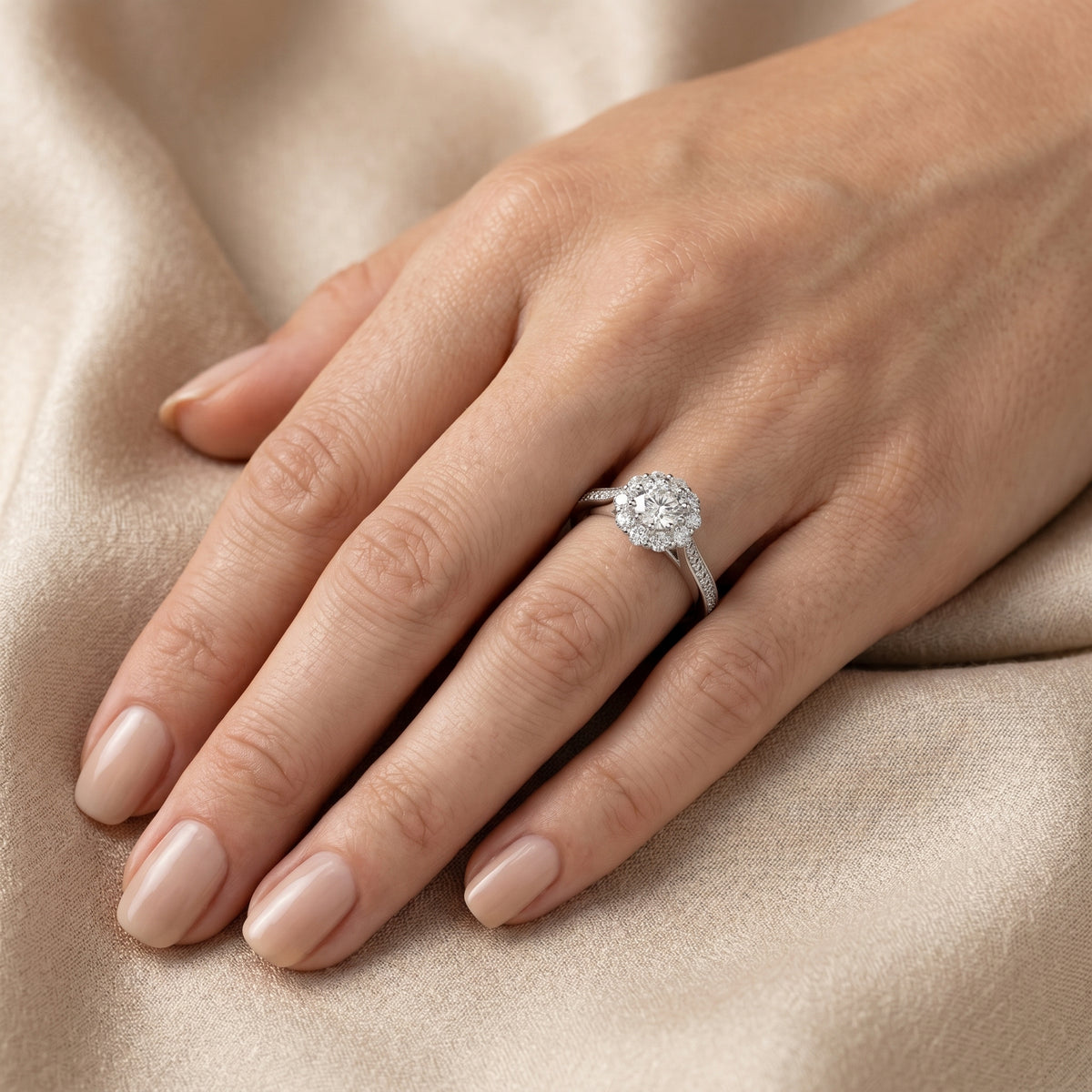 Round Diamond Flower Halo Engagement Ring with Edge Pavé Band — lifestyle