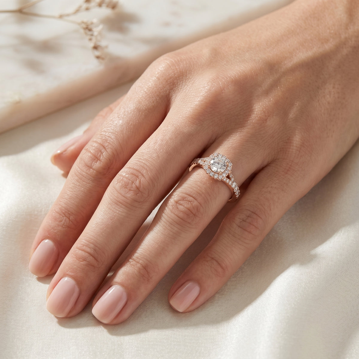 Round Diamond Cushion Halo Engagement Ring with Full Pavé Band — lifestyle
