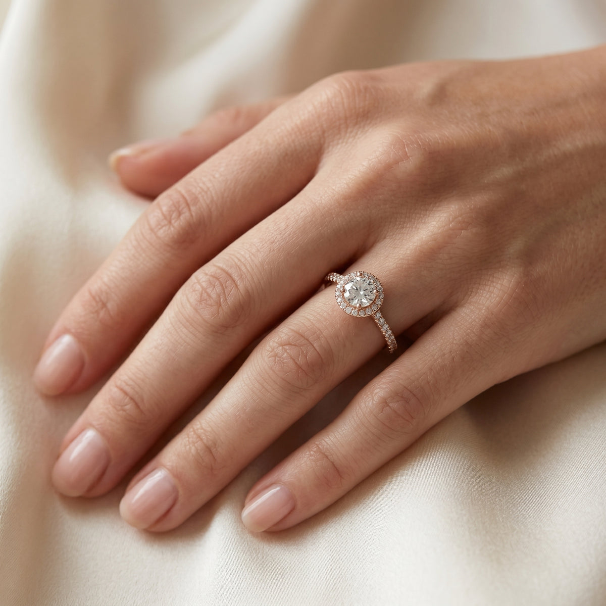 Round Diamond Halo Engagement Ring with Pavé Band — lifestyle