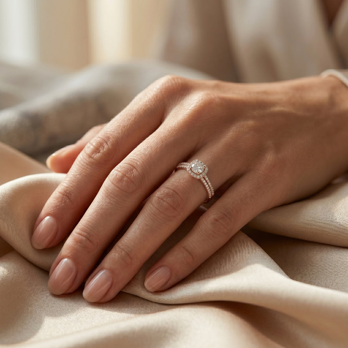 Round Diamond Halo Engagement Ring with Multi-Row Pavé Band — lifestyle