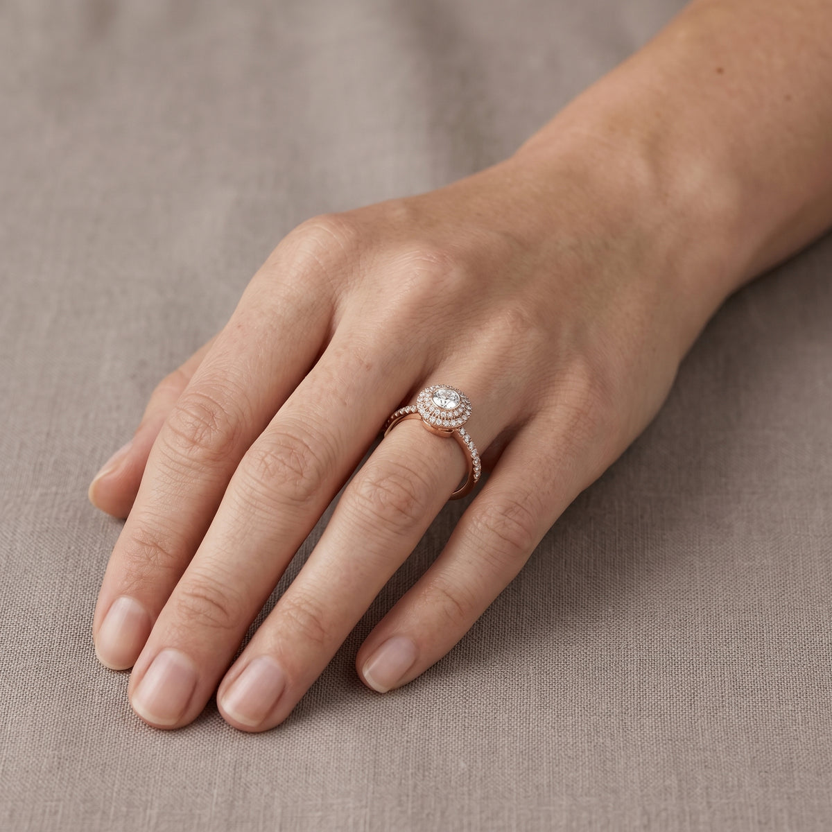 Round Diamond Vintage Double Halo Engagement Ring with Twisted Pavé Band — lifestyle
