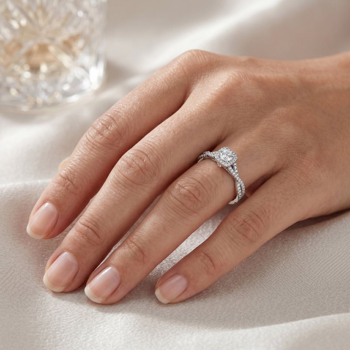 Round Diamond Cushion Halo Engagement Ring with Twisted Pavé Band — lifestyle