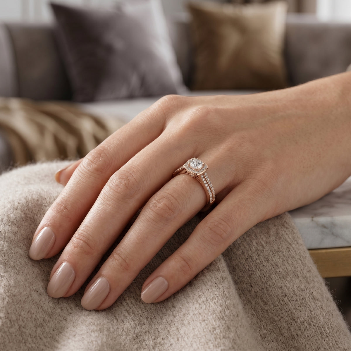 Round Diamond Cushion Halo Engagement Ring with Double Pavé Band — lifestyle