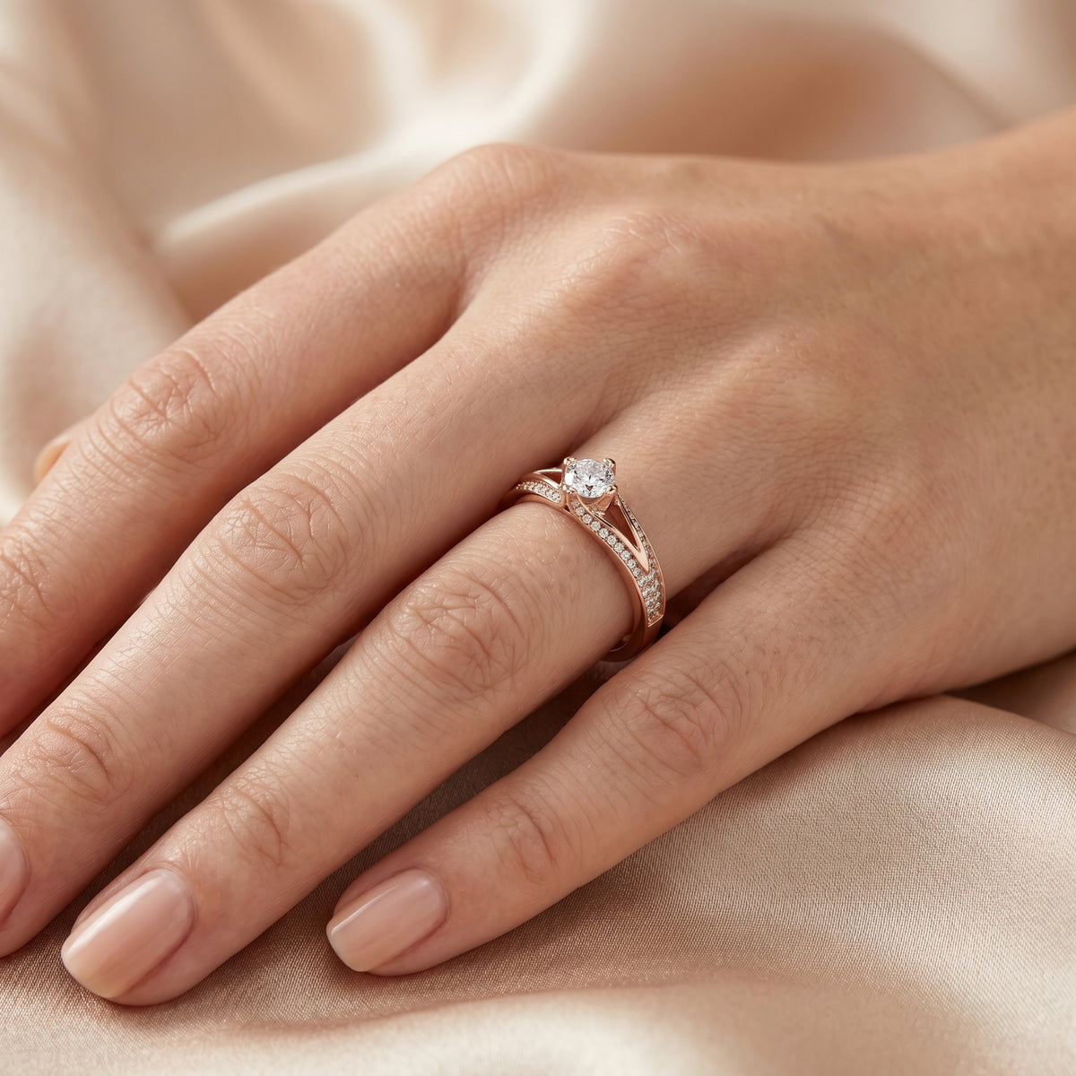 Round Diamond Engagement Ring with Split Shank Pavé Band — lifestyle