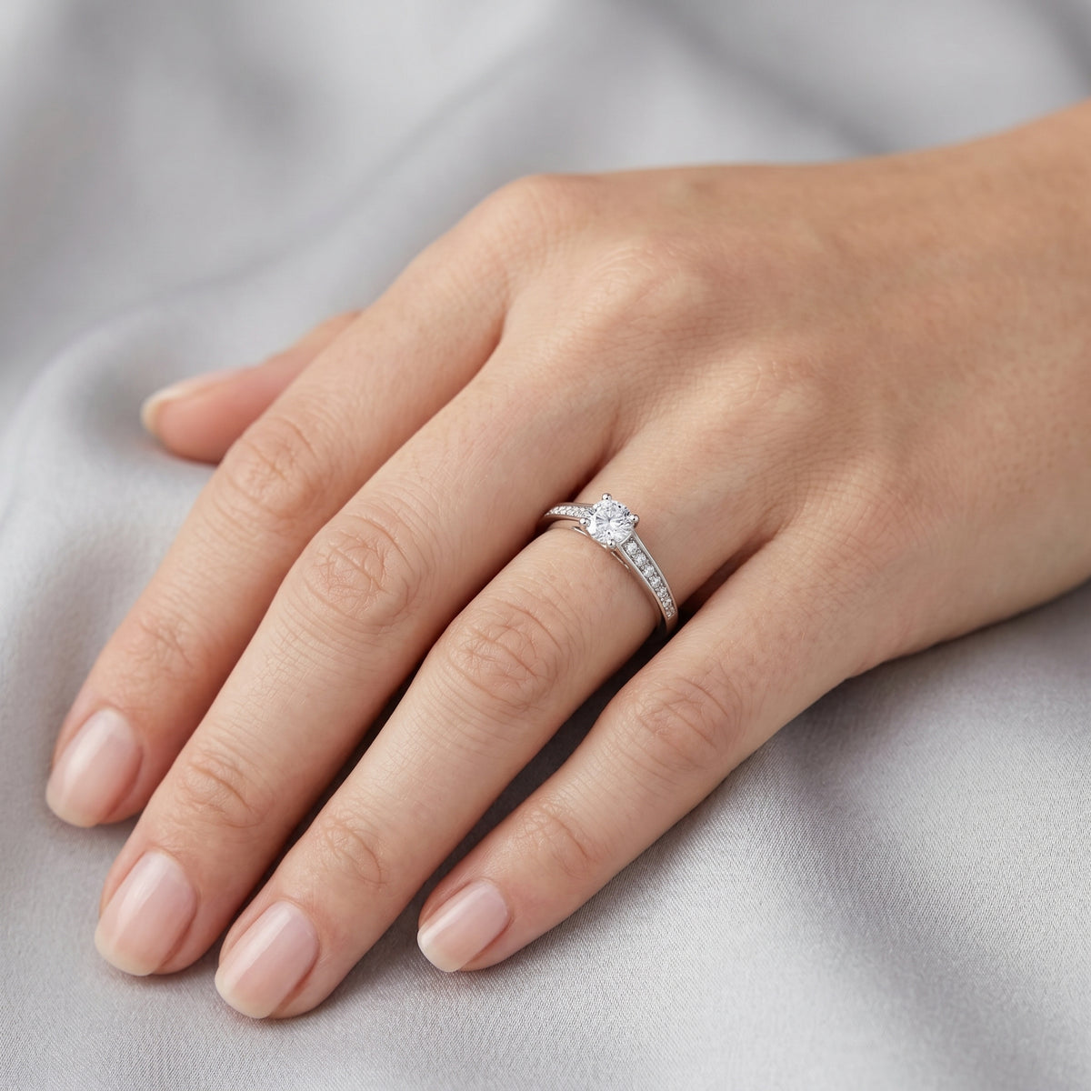 Round Diamond Vintage Engagement Ring with Channel Set Band — lifestyle