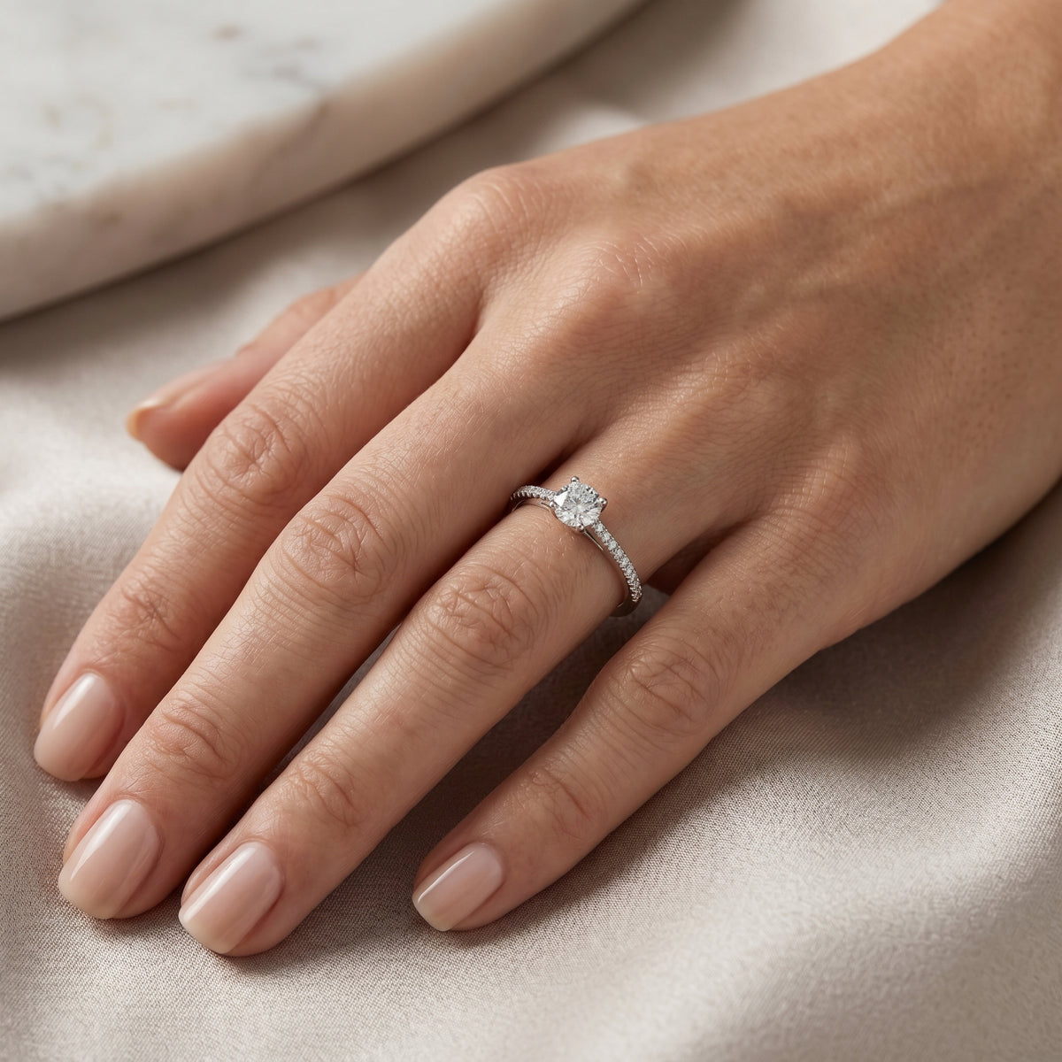 Round Diamond Cathedral Engagement Ring with Pavé Band — lifestyle