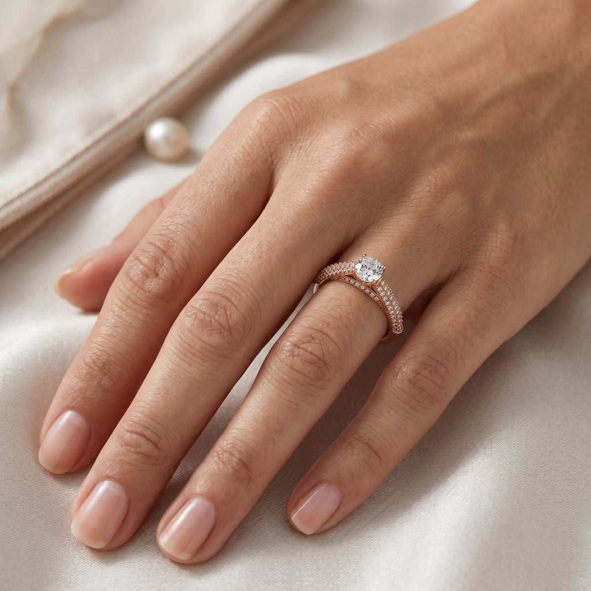 Round Diamond Engagement Ring with Multi-Row Pavé Tapered Band — lifestyle