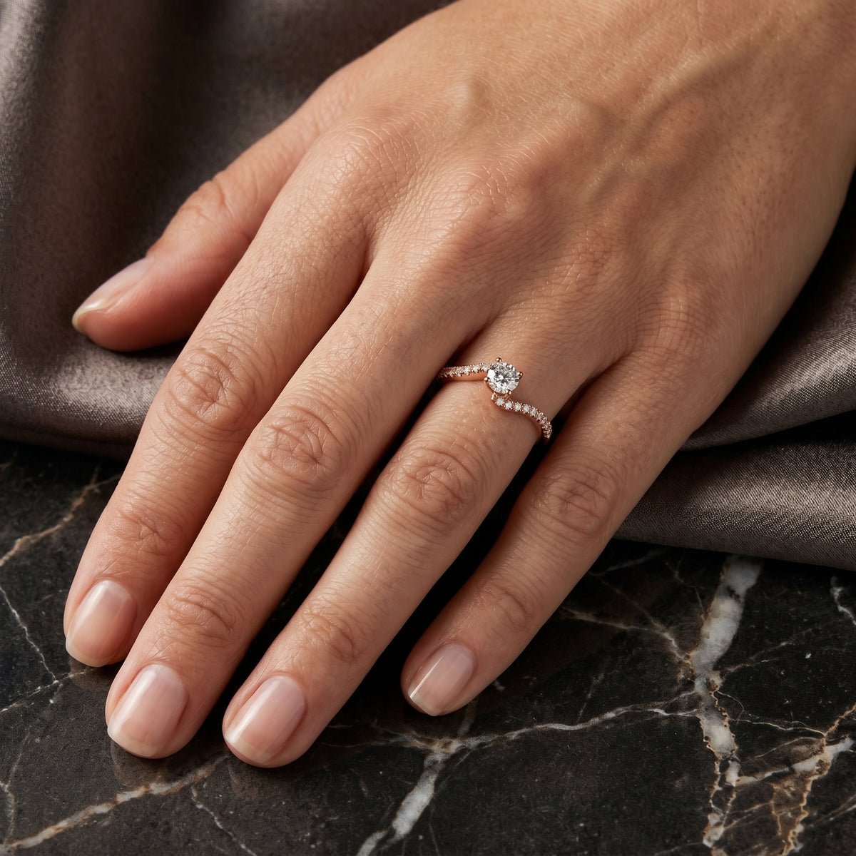 Round Diamond Bypass Engagement Ring with Pavé Band