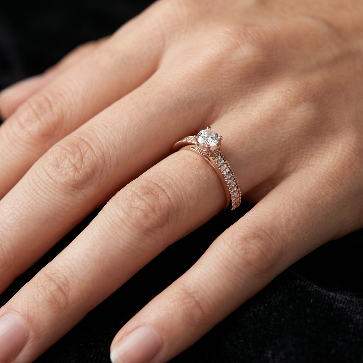 Round Diamond Engagement Ring with Multi-Row Pavé Milgrain Band — lifestyle