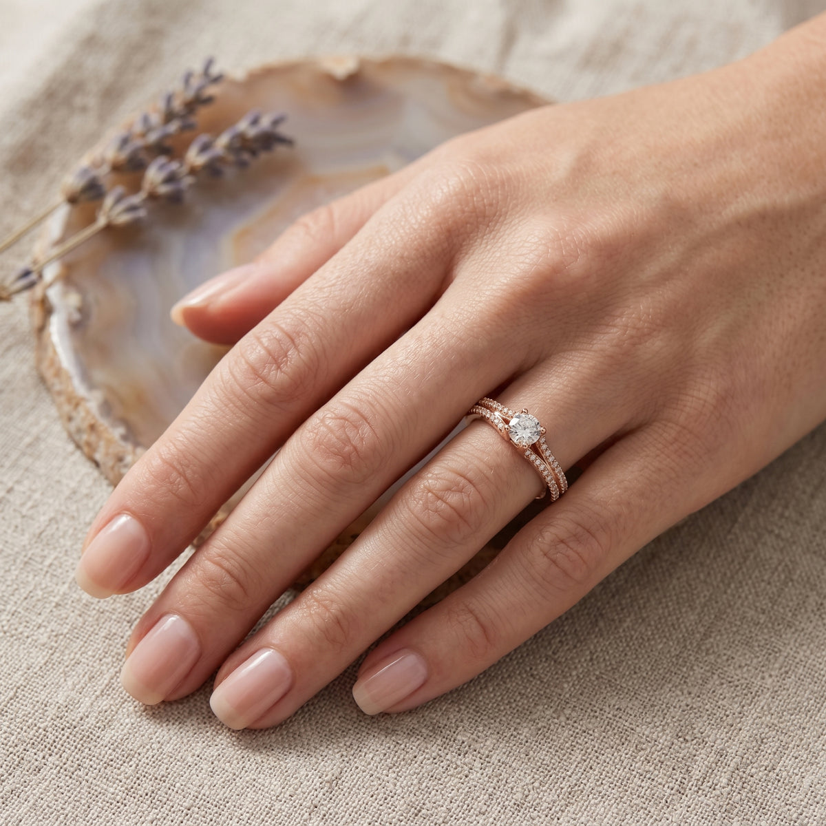 Round Diamond Engagement Ring with Double Row Pavé Band