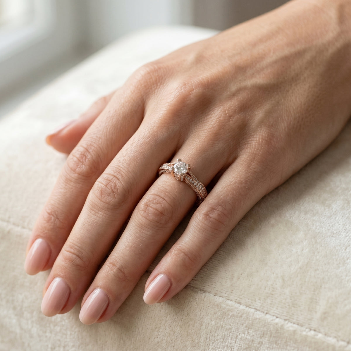 Round Diamond Engagement Ring with Tramline Pavé Band — lifestyle