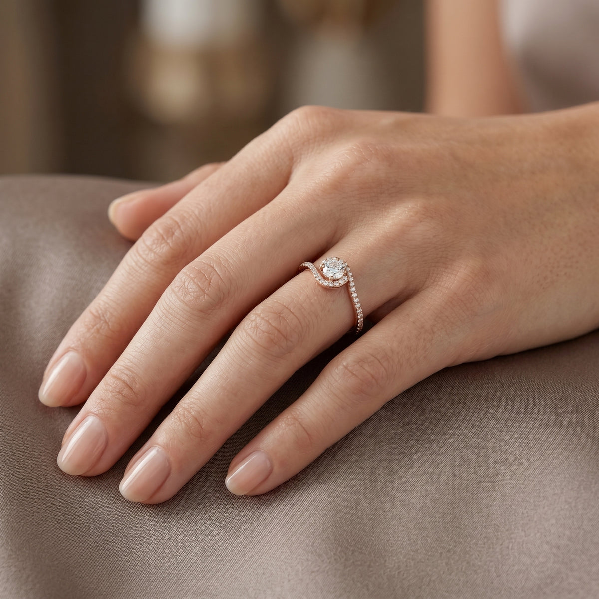 Round Diamond Engagement Ring with Bypass Pavé Twist Shank — lifestyle