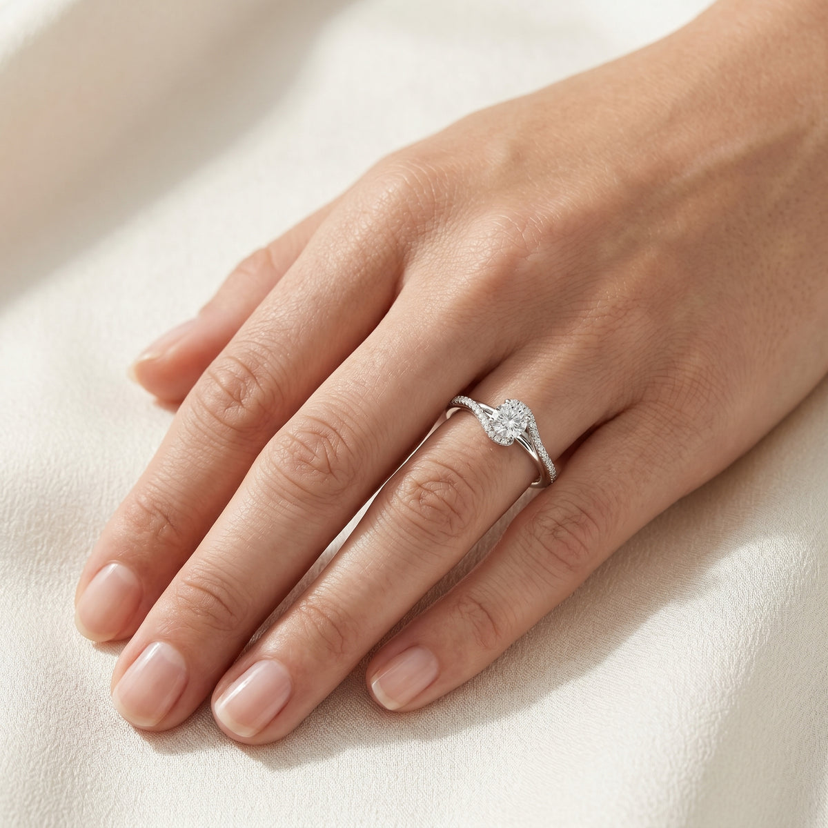 Round Diamond Bypass Halo Engagement Ring with Pavé Band — lifestyle