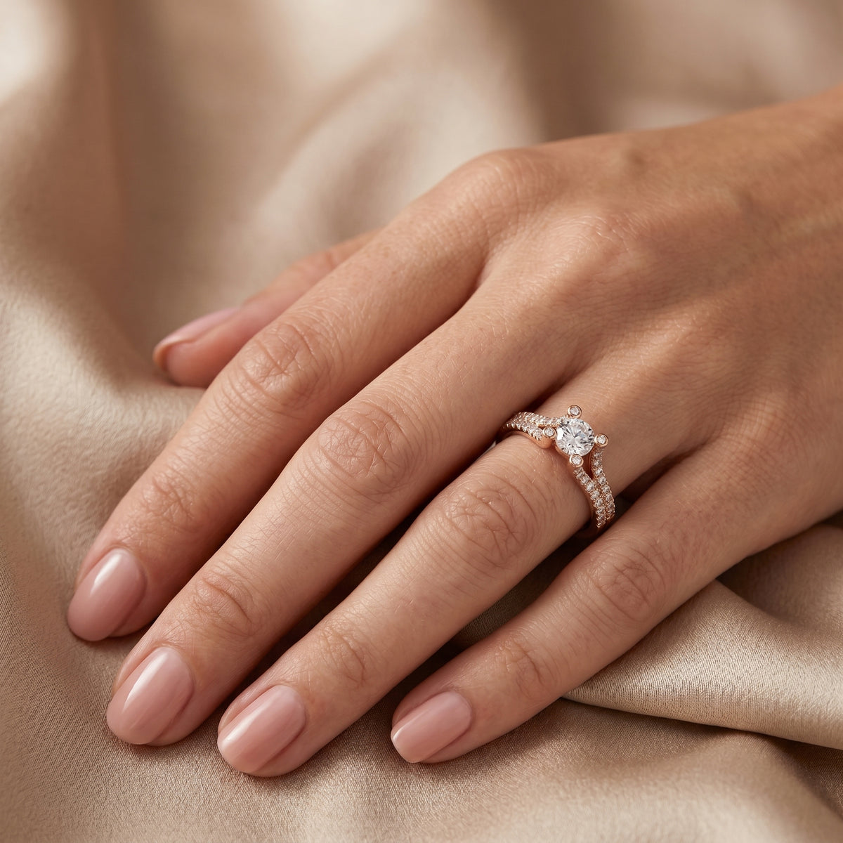 Round Diamond Split Shank Engagement Ring with Pavé Band and Side Accents — lifestyle