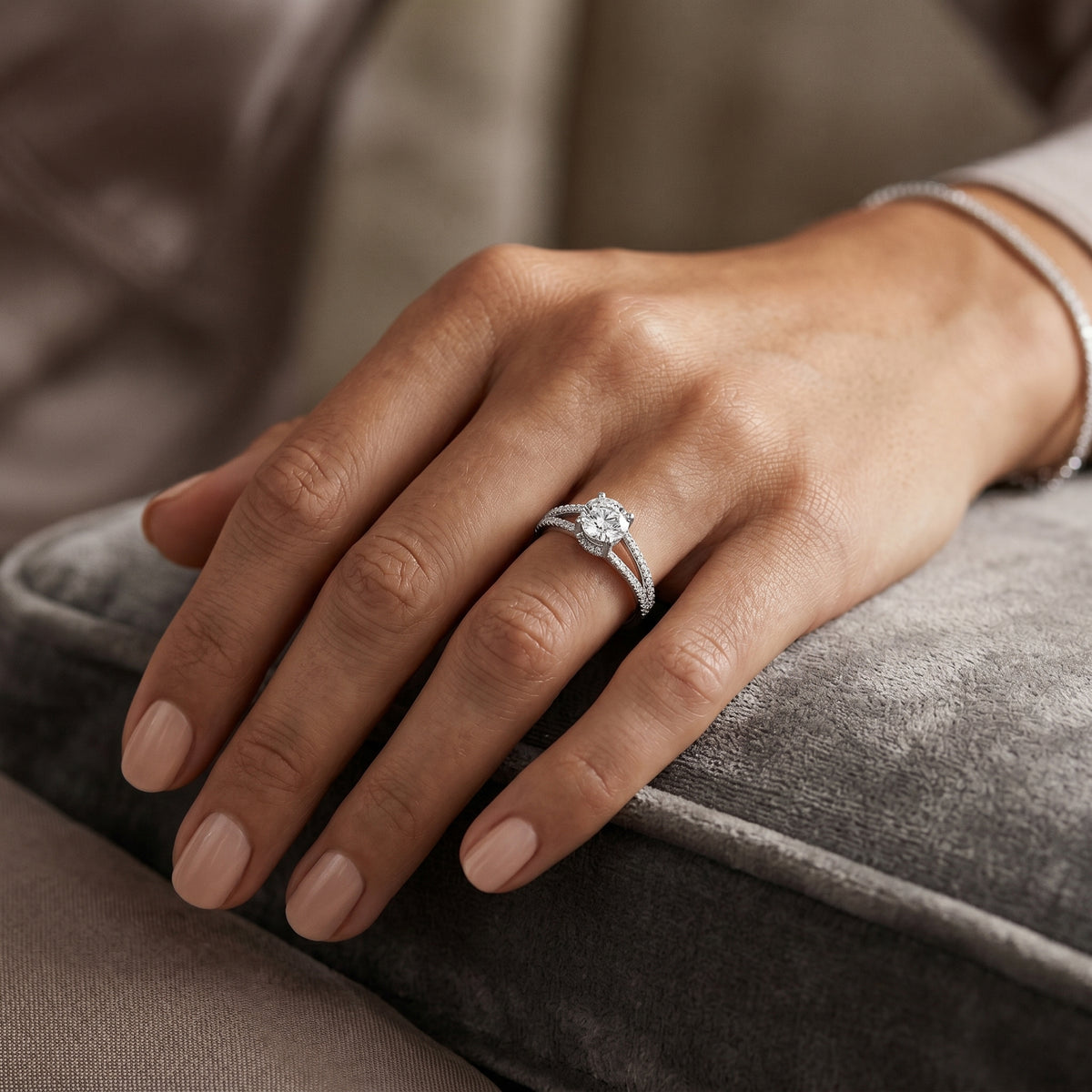Round Diamond Engagement Ring with Double Row Split Shank Pavé Band — lifestyle