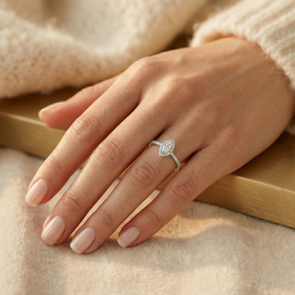 Marquise Cut Halo Engagement Ring with Pavé Band — lifestyle