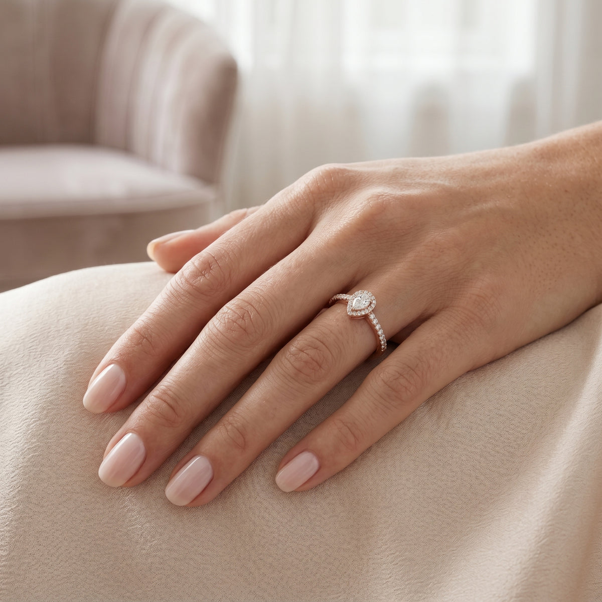 Pear Diamond Halo Engagement Ring with Pavé Band
