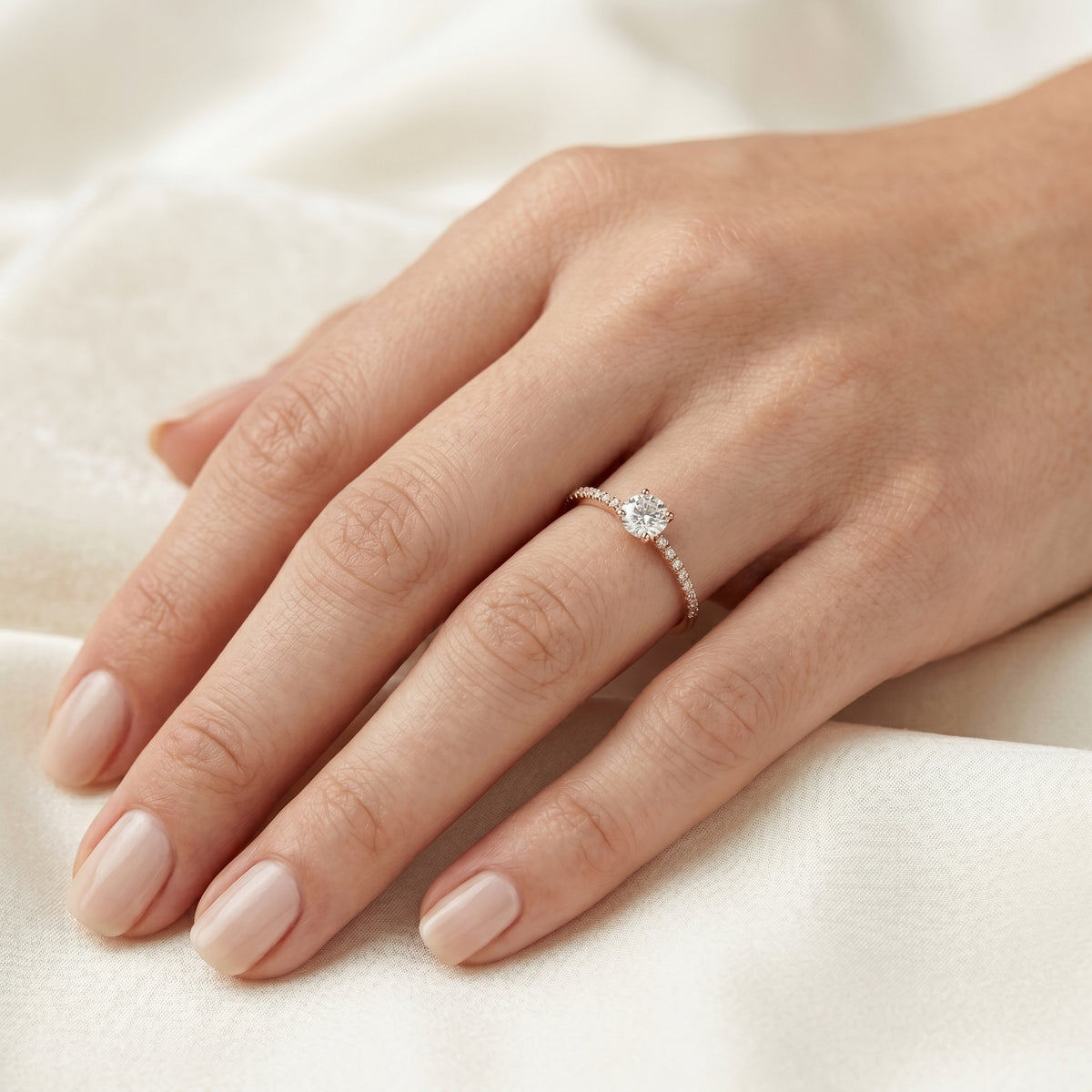 Round Diamond Cathedral Engagement Ring with Pavé Shoulders