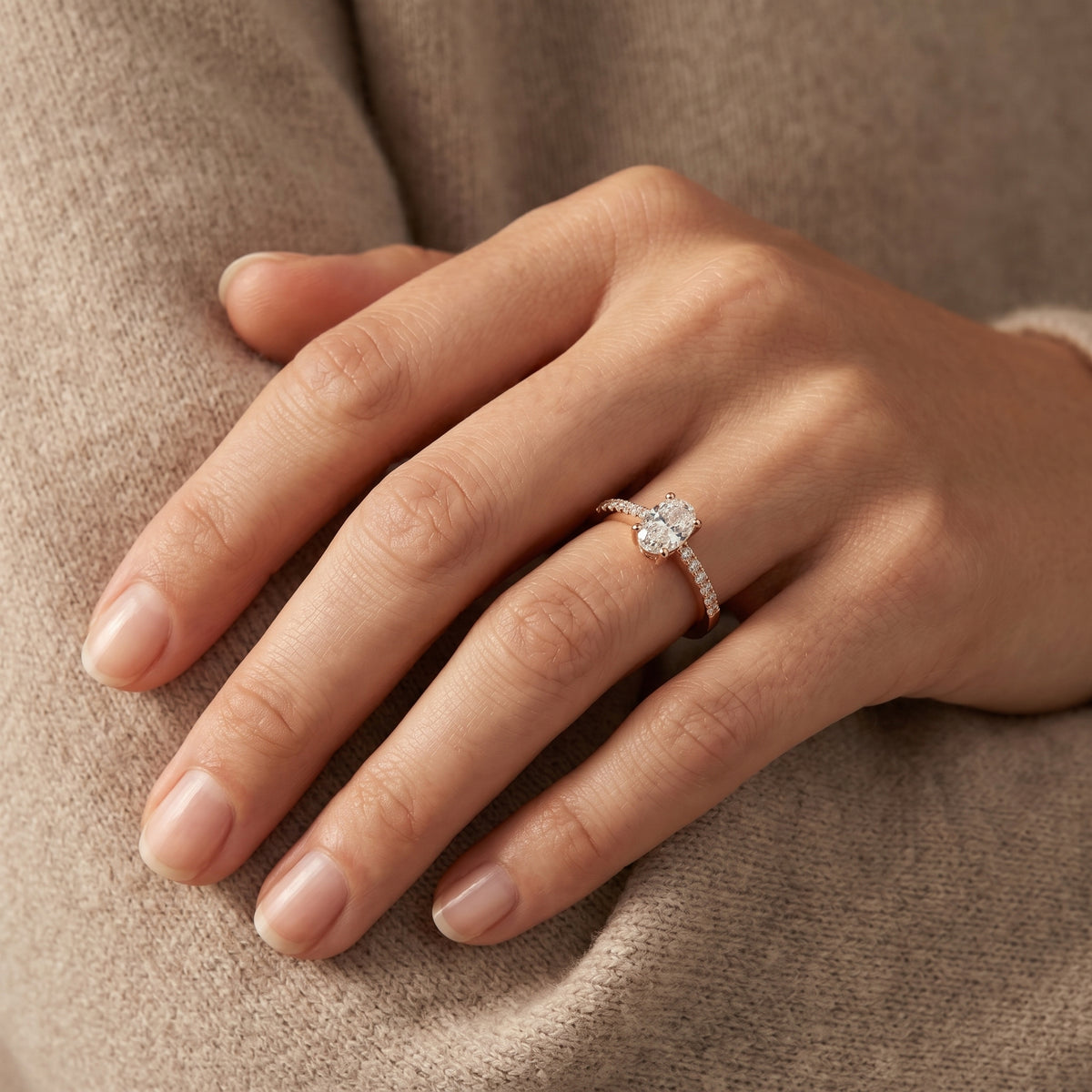 Oval Diamond Engagement Ring with Pavé Band — lifestyle
