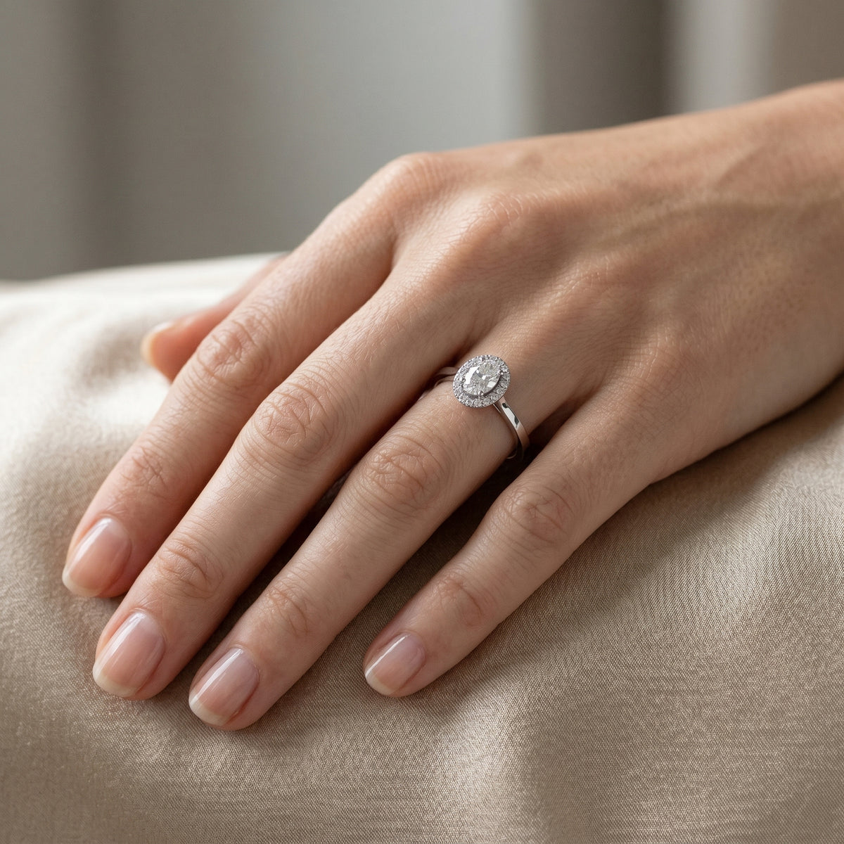 Oval Diamond Halo Engagement Ring with Plain Band — lifestyle