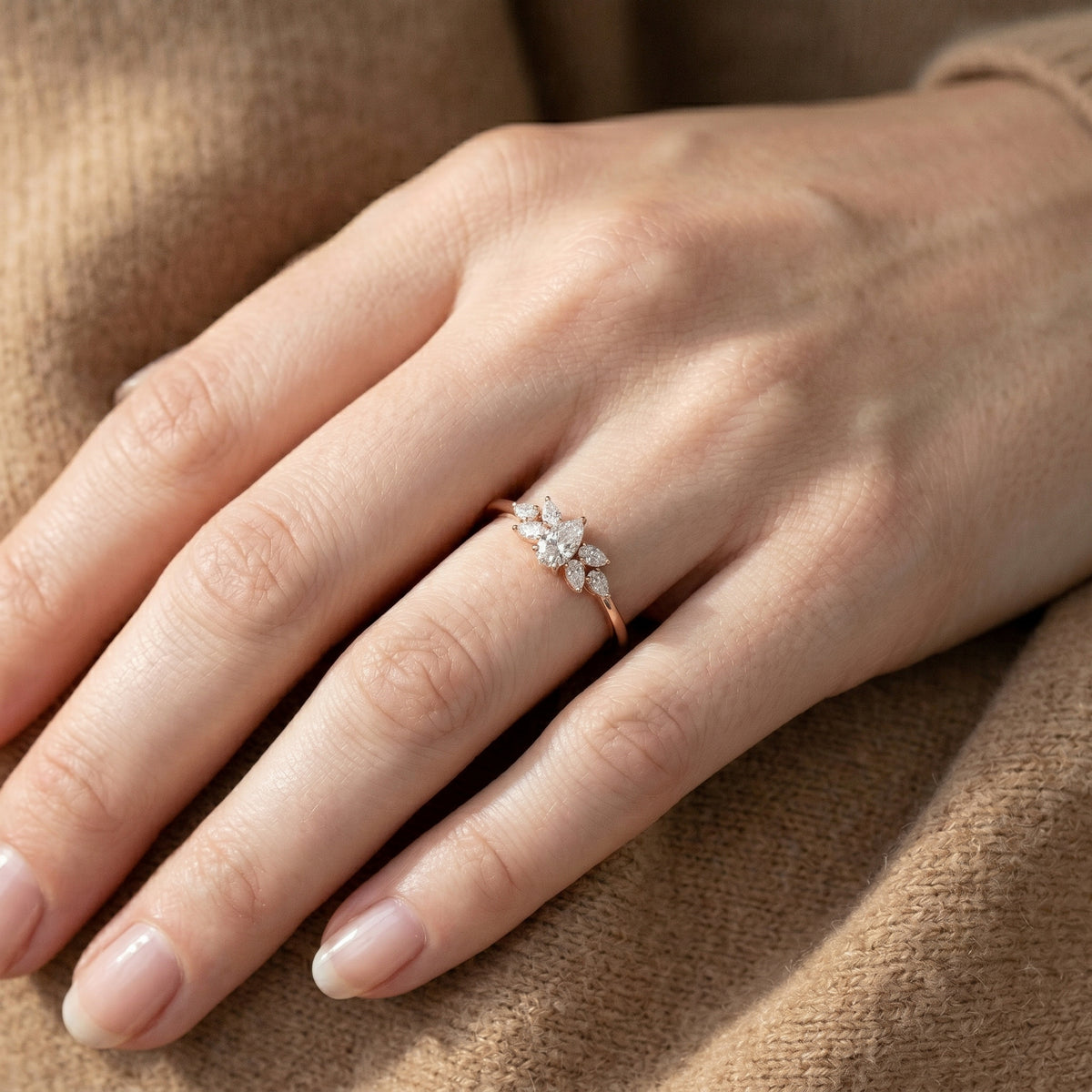 Pear Diamond Marquise Crown Halo Engagement Ring — lifestyle