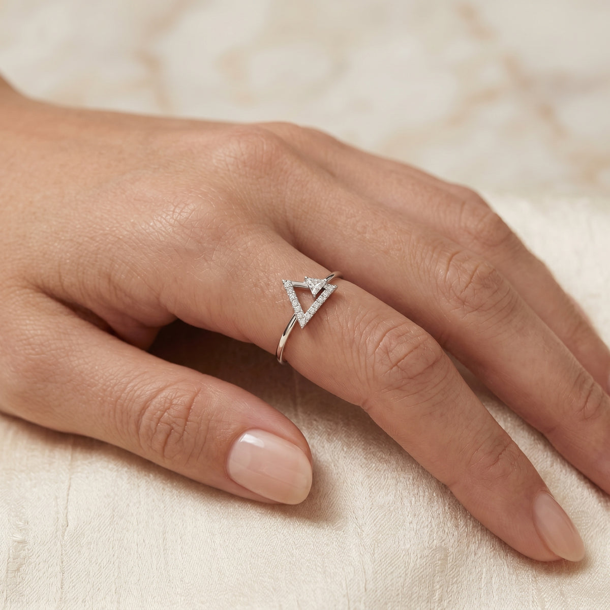 Interlocking Triangle Geometric Diamond Ring — lifestyle
