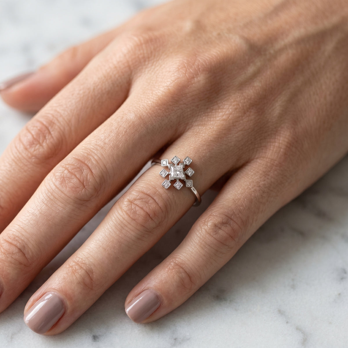 Princess Cut Diamond Snowflake Cluster Engagement Ring