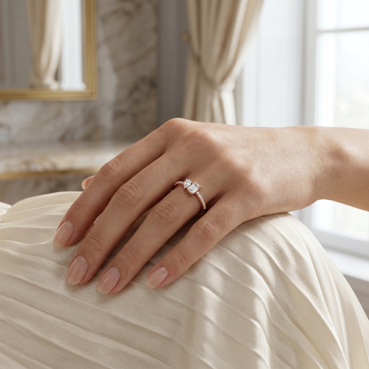 Pear and Emerald Cut Two Stone Ring — lifestyle