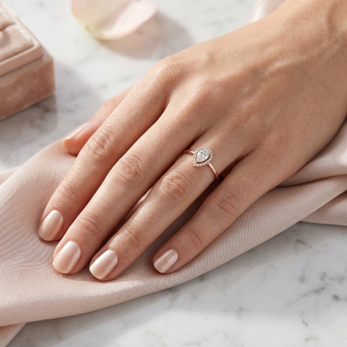 Pear Diamond Halo Engagement Ring with Plain Band — lifestyle