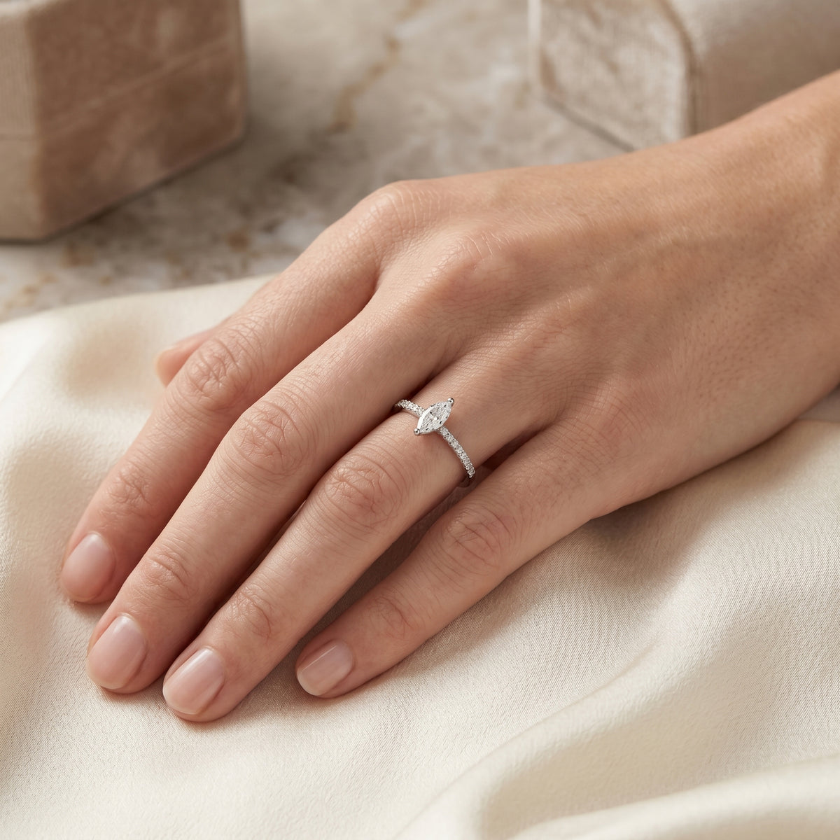 Marquise Cut Diamond Engagement Ring with Pavé Band — lifestyle