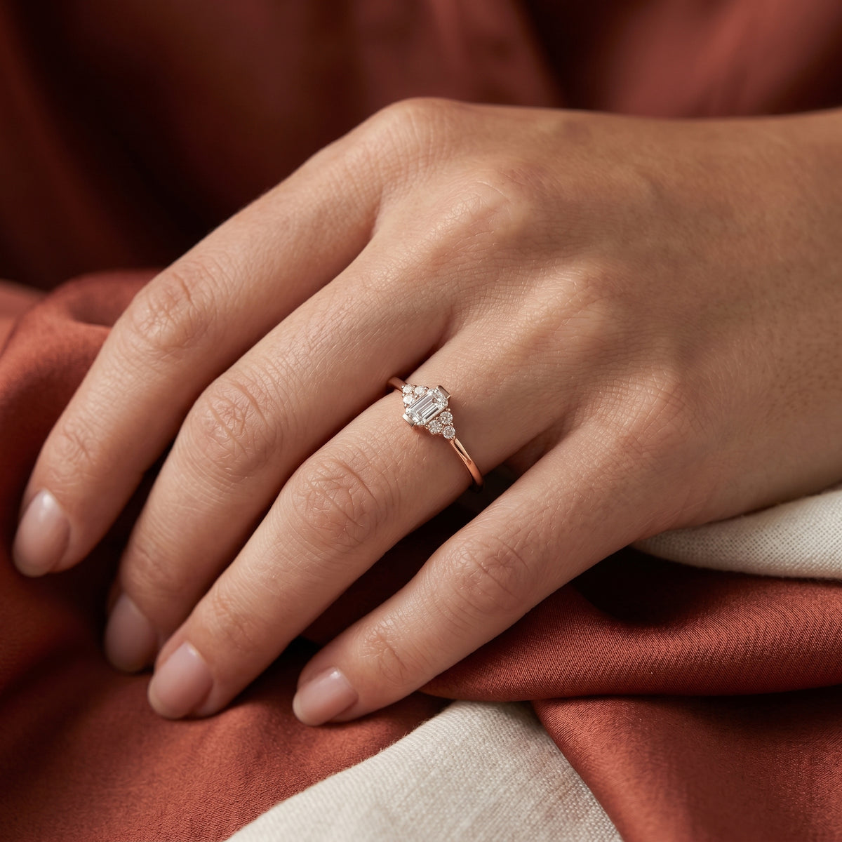 Emerald Cut Diamond Engagement Ring with Round Side Stones — lifestyle