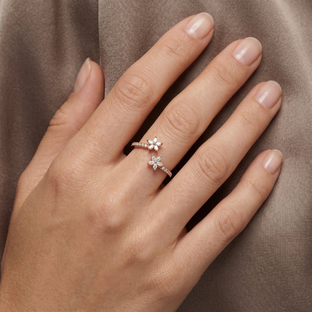 Double Flower Bypass Diamond Ring — lifestyle