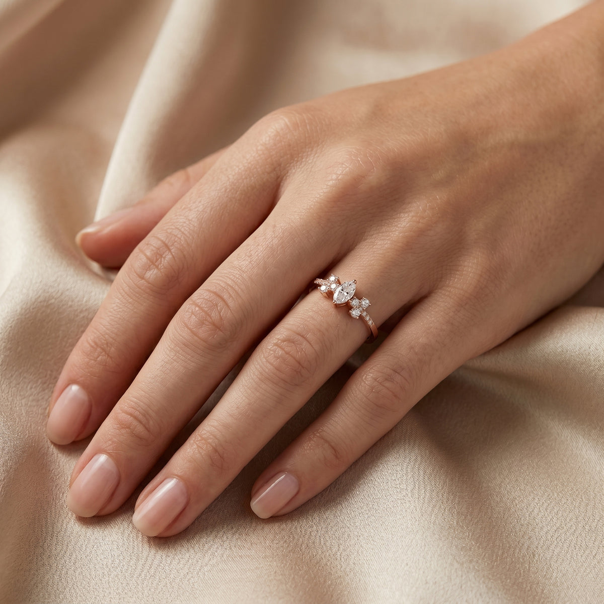 Oval Diamond Engagement Ring with Round Cluster Side Stones — lifestyle