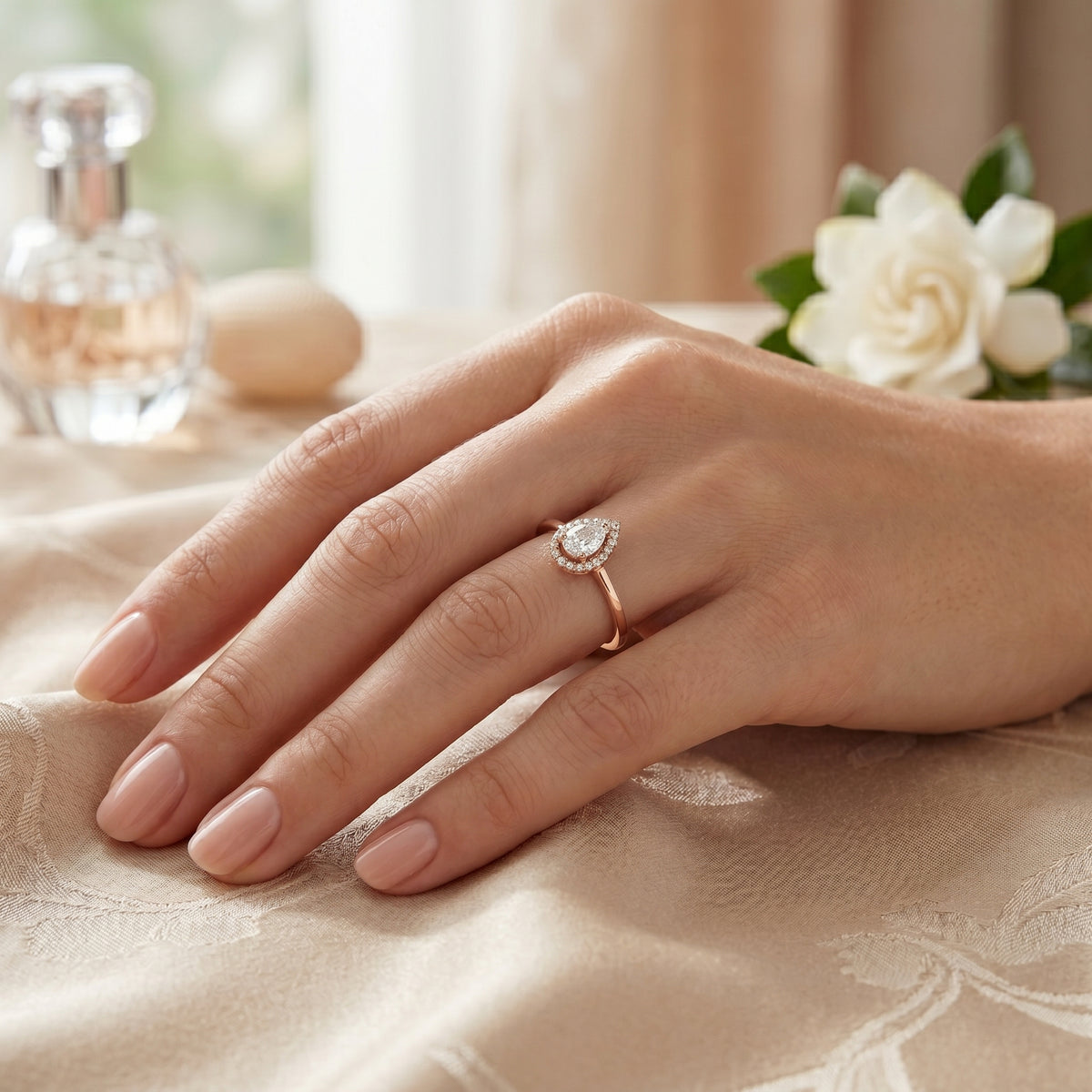 Pear Diamond Halo Engagement Ring with Plain Band