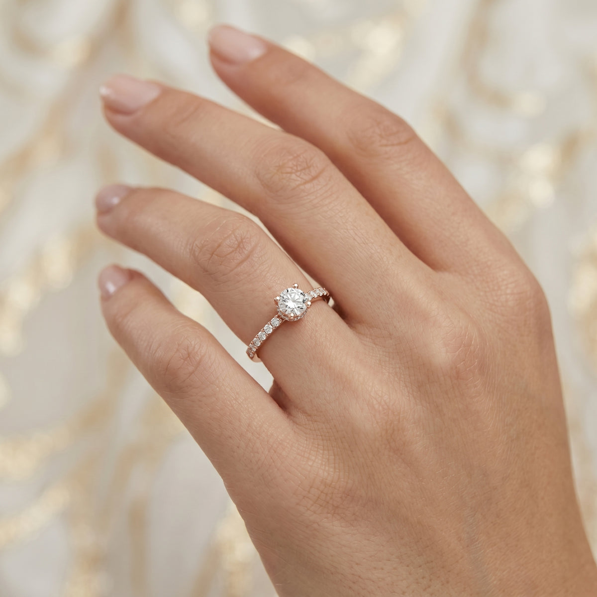 Round Diamond Engagement Ring with Round Side Accents and Pavé Band — lifestyle