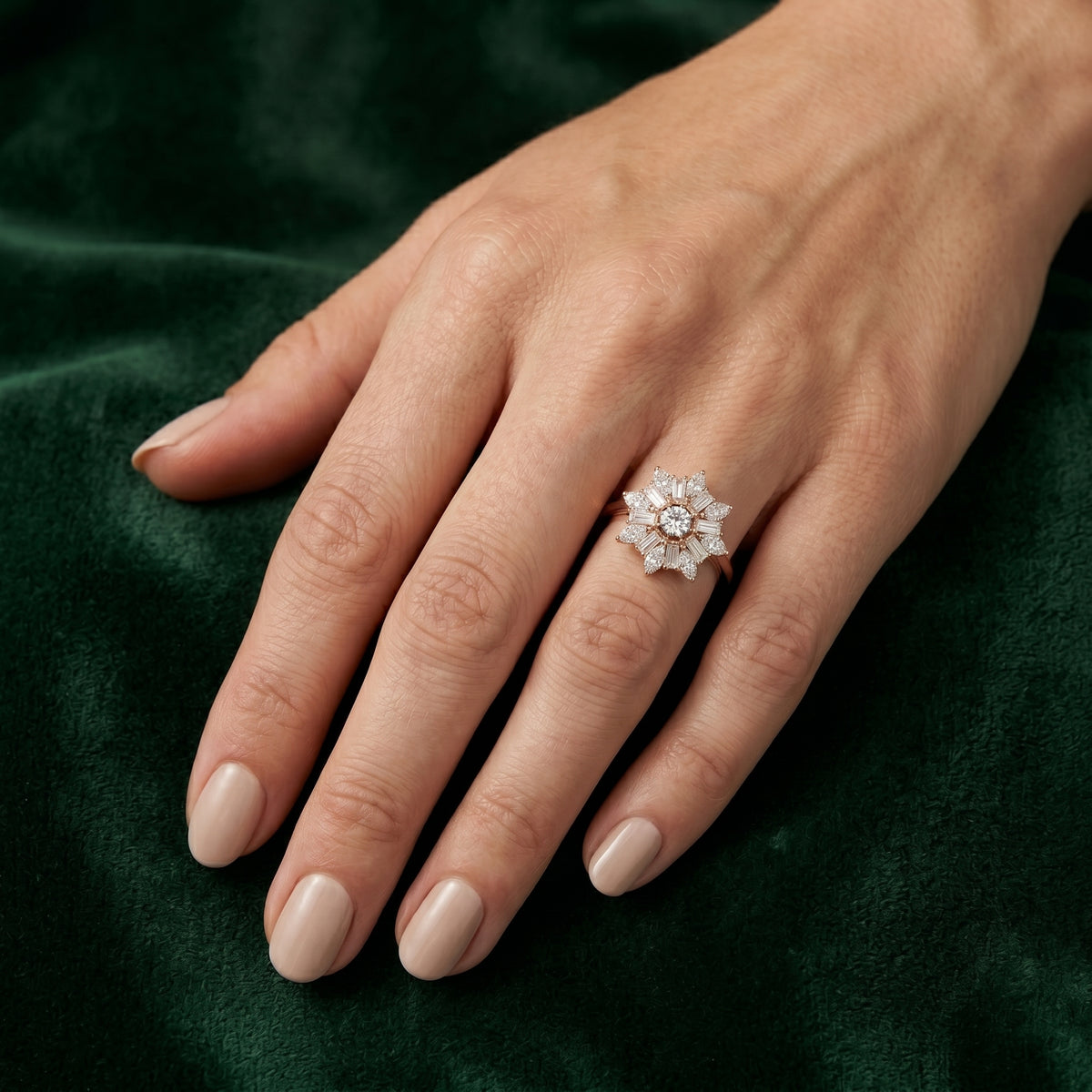 Round Diamond Floral Halo Engagement Ring with Pear and Baguette Petals — lifestyle