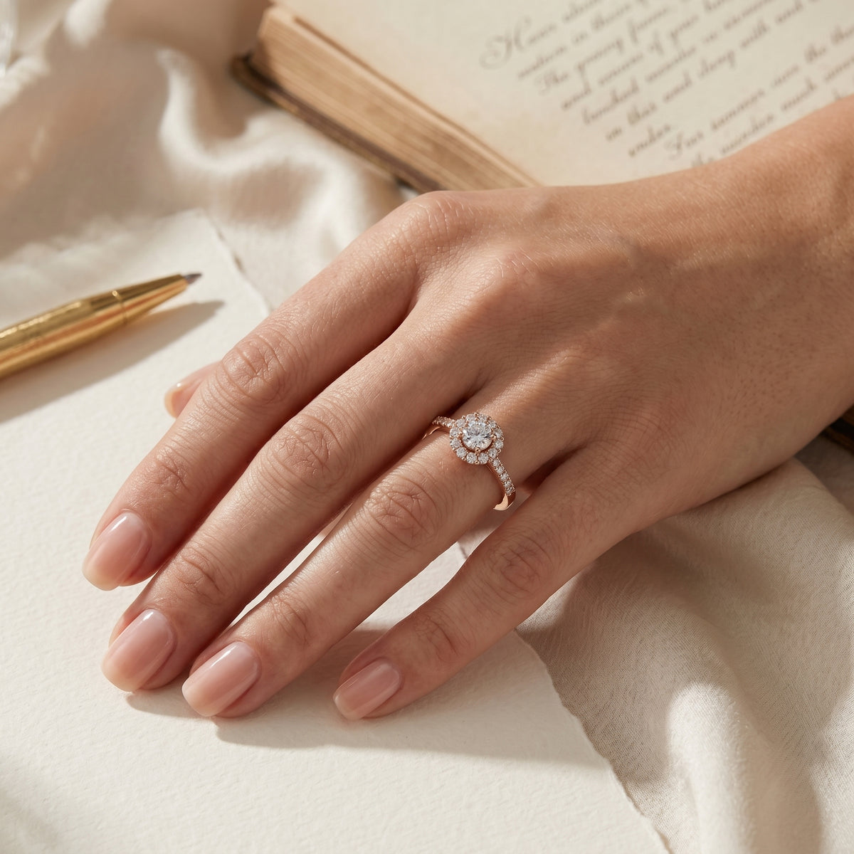 Round Diamond Floral Halo Engagement Ring with Split Shank Pavé Band — lifestyle