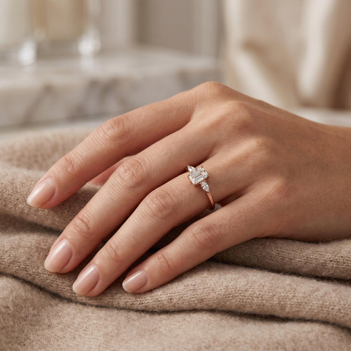 Emerald and Marquise Three Stone Diamond Engagement Ring — lifestyle