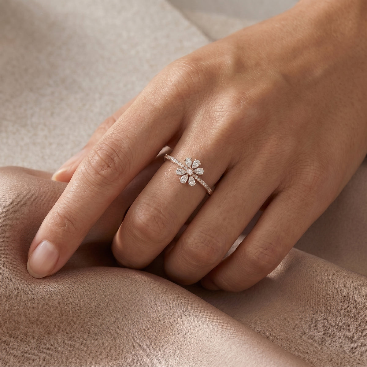 Pear Diamond Floral Cluster Statement Engagement Ring with Pavé Band — lifestyle