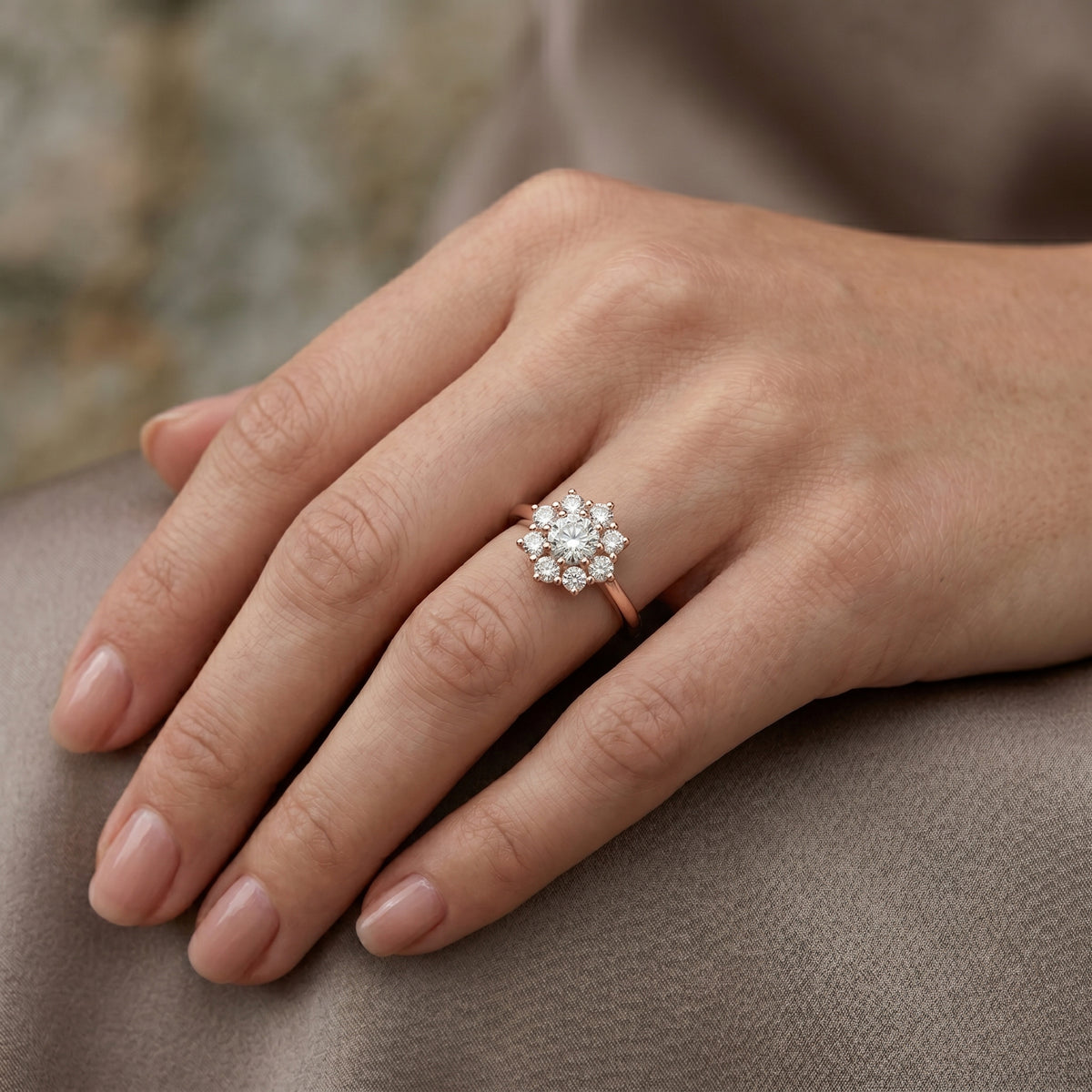 Round Diamond Floral Halo Engagement Ring — lifestyle