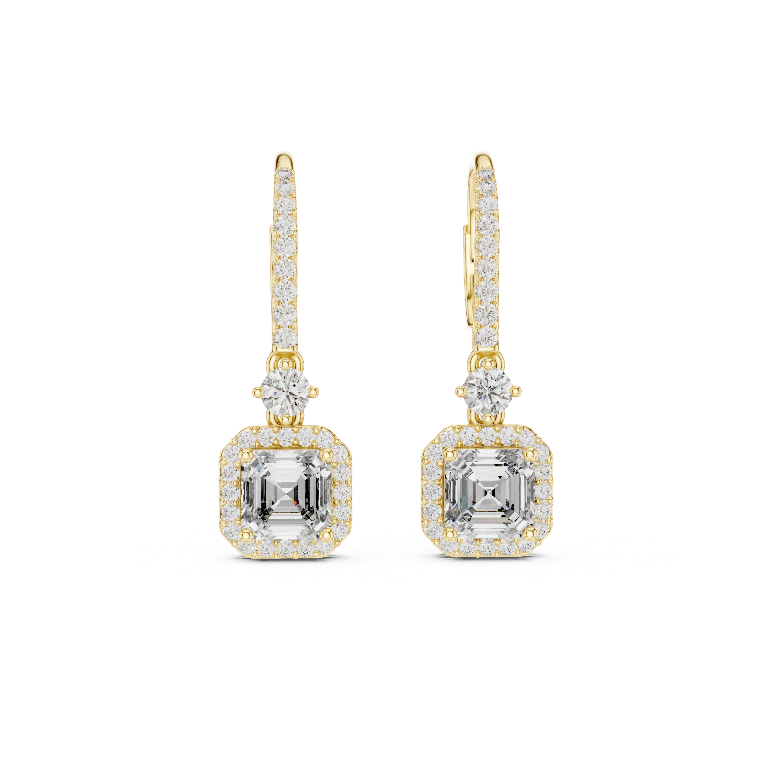 حلقان مرصّعة بالألماس المرصوف بتصميم هالة كوسيون in Yellow Gold - VYKA Diamonds
