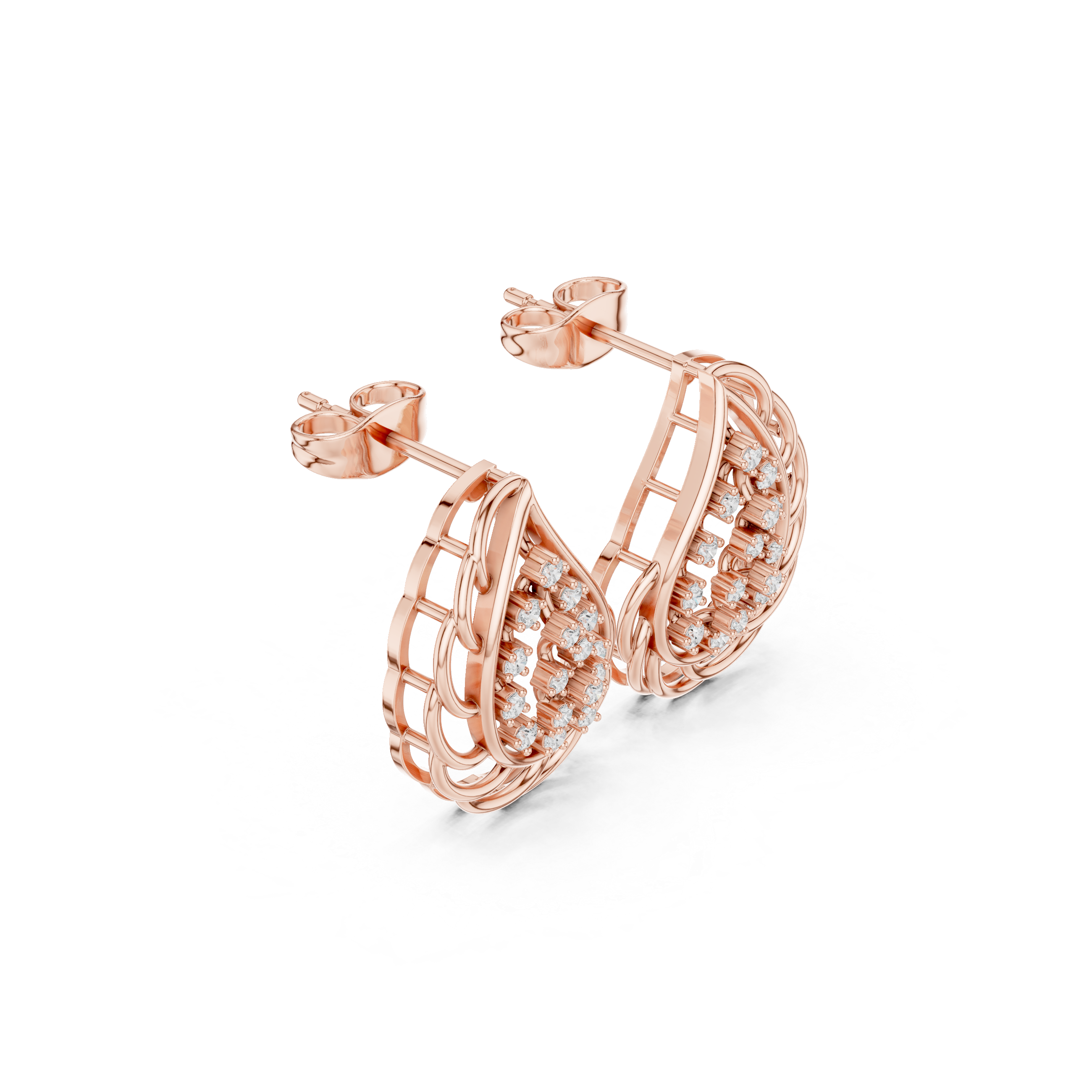 Geometric Trellis Enamel Diamond Stud Earrings in Rose Gold - VYKA Diamonds