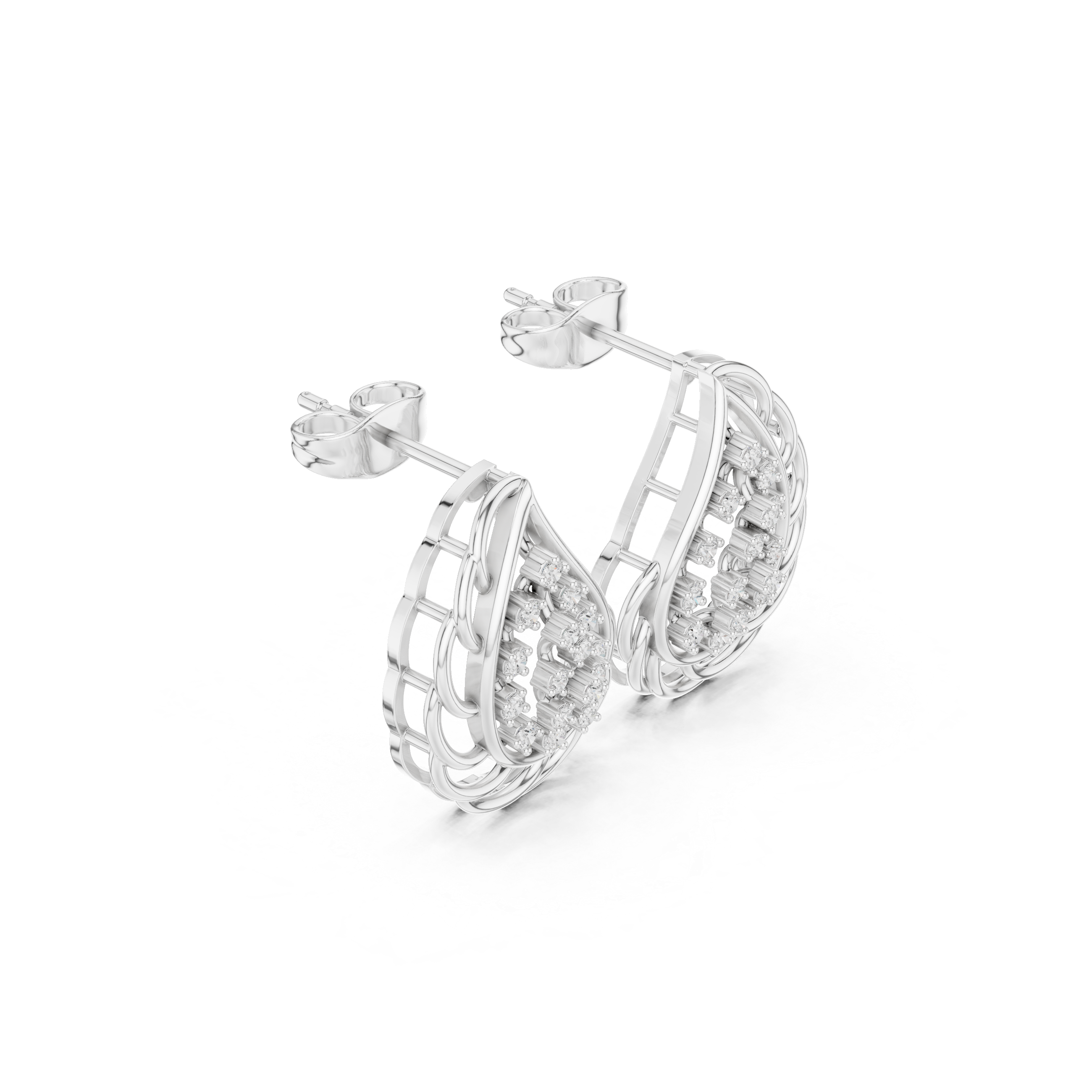 Geometric Trellis Enamel Diamond Stud Earrings in White Gold - VYKA Diamonds