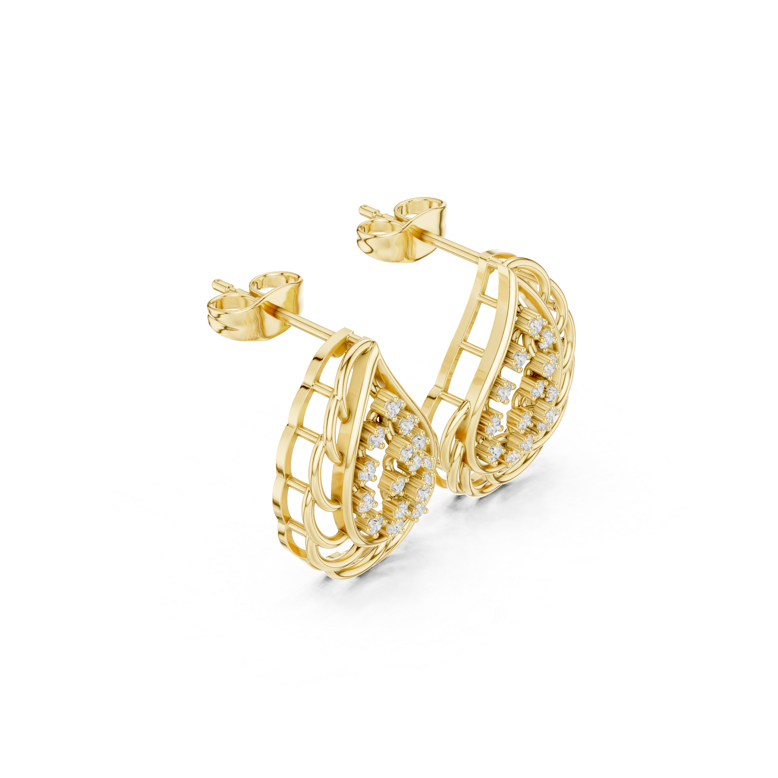 Geometric Trellis Enamel Diamond Stud Earrings in Yellow Gold - VYKA Diamonds