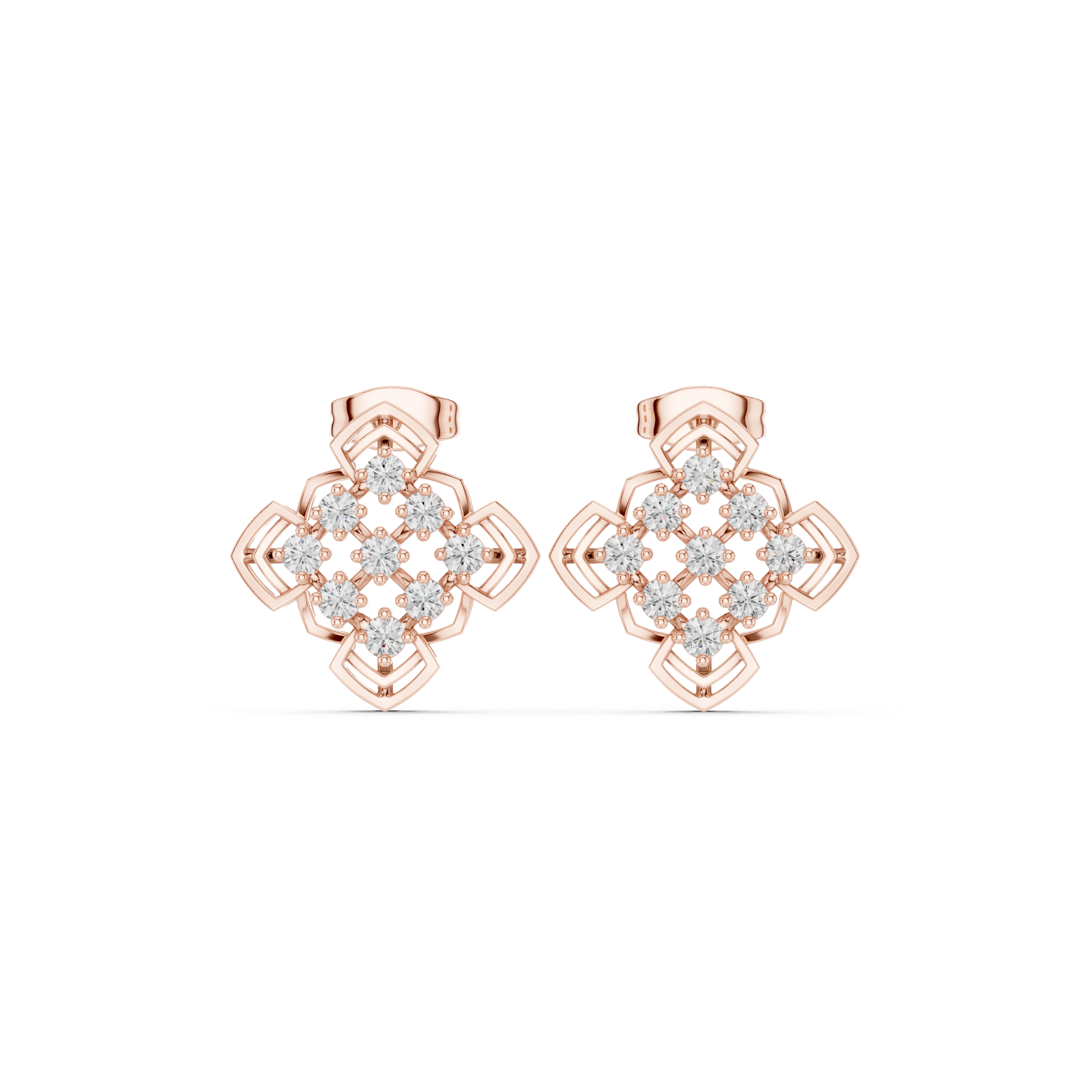 Open Lattice Enamel Diamond Stud Earrings in Rose Gold - VYKA Diamonds